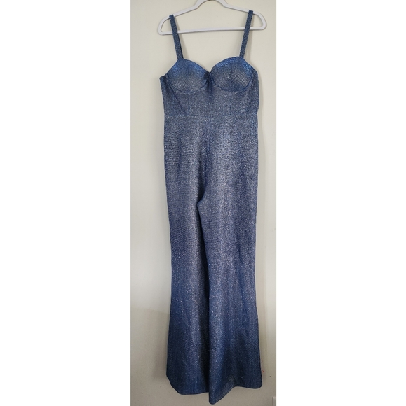 NWOT ASOS Blue Metallic Cupped Flare Jumpsuit Size 10 - Picture 4 of 11